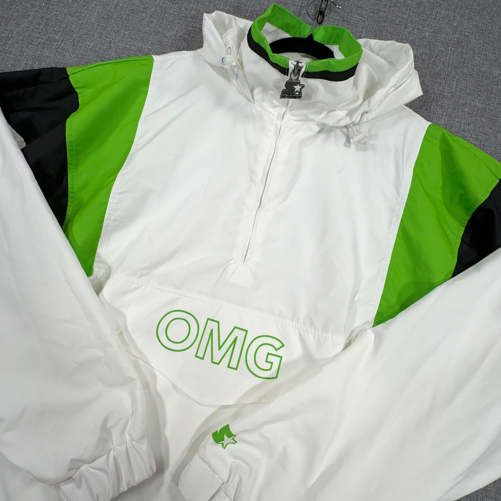 Starter OMG Windbreaker Jacket Mens XL White Green Anorak Hooded Y2K Pullover